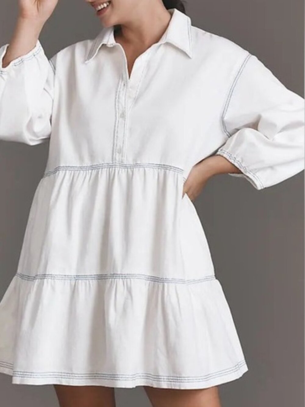 Anthropologie Maeve Bettina White Tiered Mini Shirt Dress Contrast Stitch